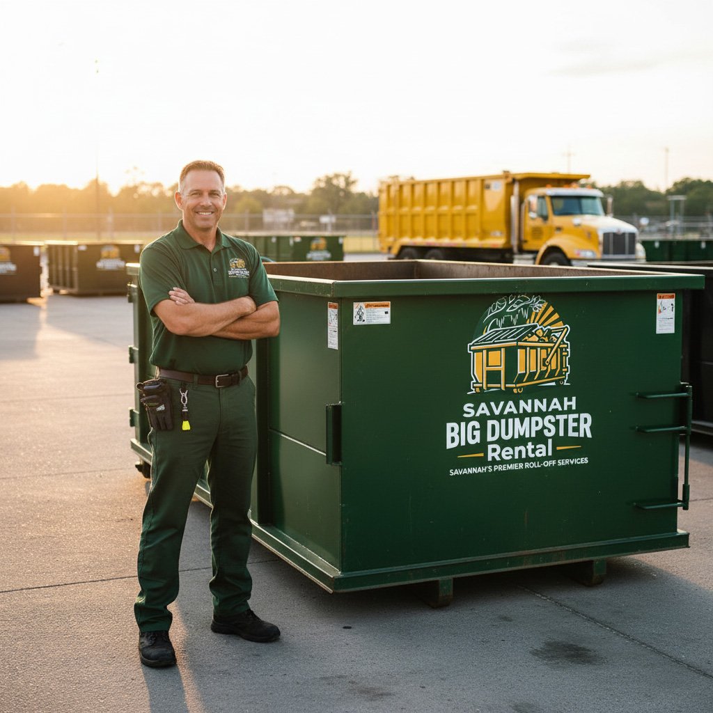 Savannah Big Dumpster Rental technician standing next to a green roll-off dumpster